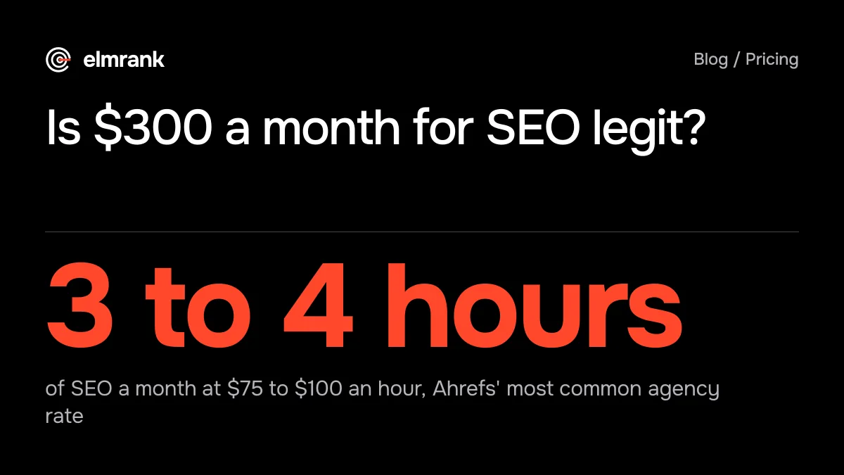 Is $300 a month for SEO legit?: 3 to 4 hours of SEO a month at $75 to $100 an hour, Ahrefs' most common agency rate.